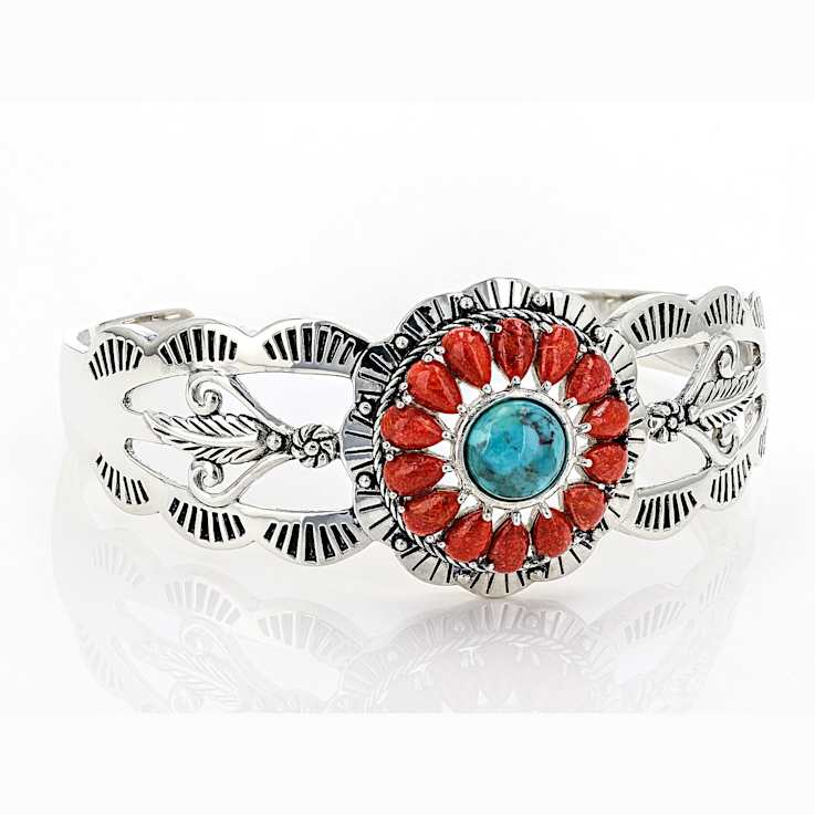 Turquoise And Coral Southwest Design Sterling Silver Cuff Bracelet