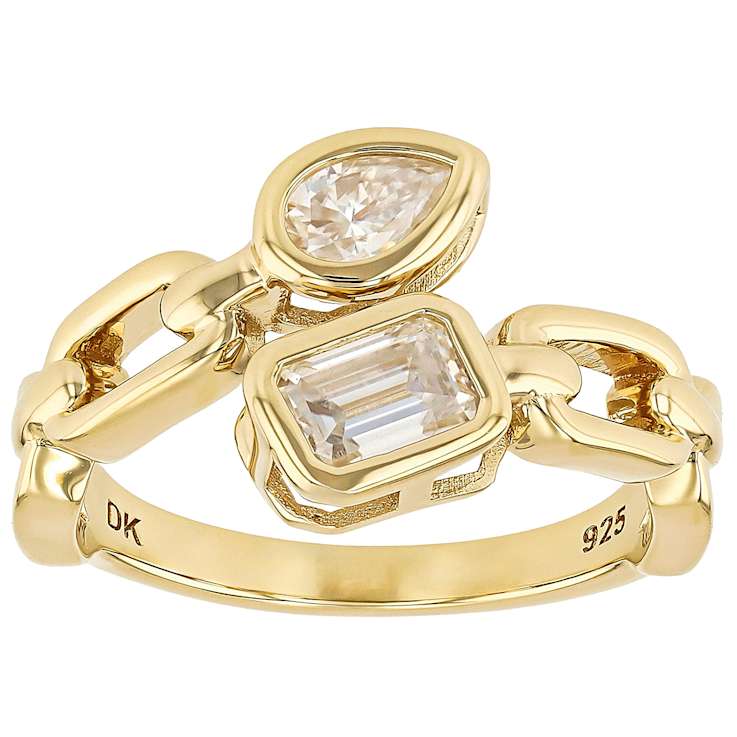 Contemporary Emerald And Pear Cut Moissanite Bypass Ring In 14K Gold
Over Sterling Silver