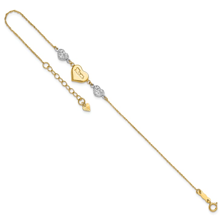 14k Two-tone Gold Puffed Mom Heart and Diamond-Cut Hearts Bracelet