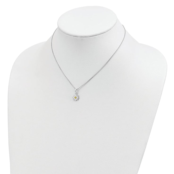 Sterling Silver Polished Yellow and White Enamel Flower Children's Necklace