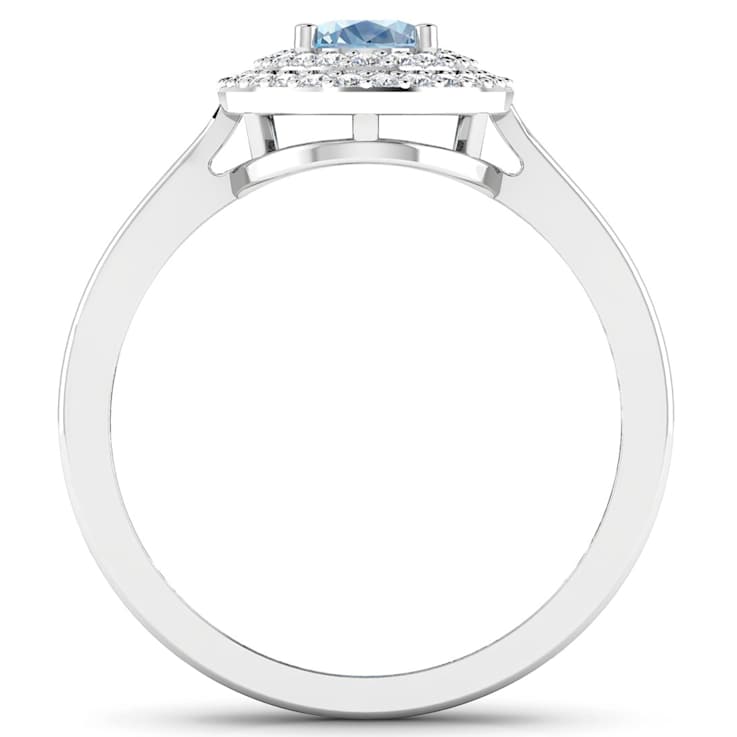 0.86ctw Blue Aquamarine and Diamond 14K White Gold Halo Ring