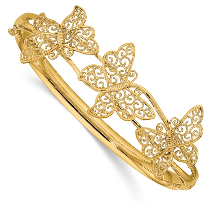 14K Yellow Gold Filigree Butterfly Hinged Bangle Bracelet