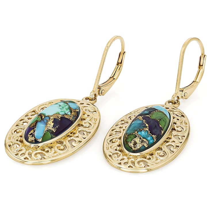 Multi-Color Blended Turquoise Oval Dangle Earrings In 18K Gold Over
Sterling Silver 17x7mm
