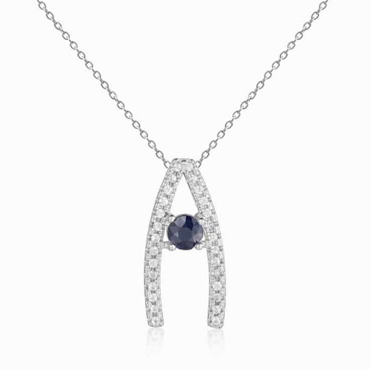 Round Blue Sapphire and White Sapphire Sterling Silver Pendant With Chain