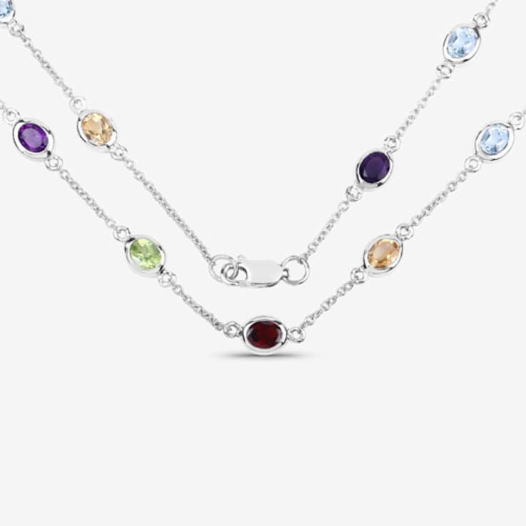 Multi Gemstone Rhodium Over Sterling Silver Station Necklace