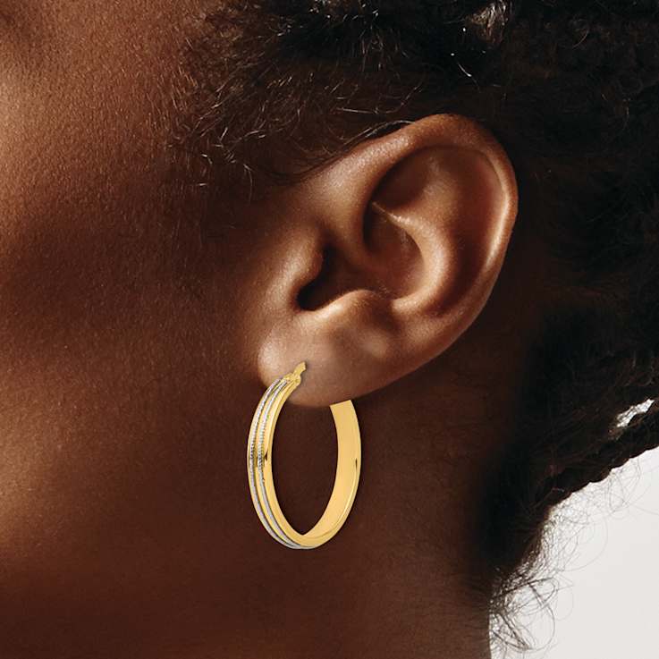 14k Yellow Gold and 14k White Gold 1 3/16" Polished and Diamond-Cut
Hoop Earrings