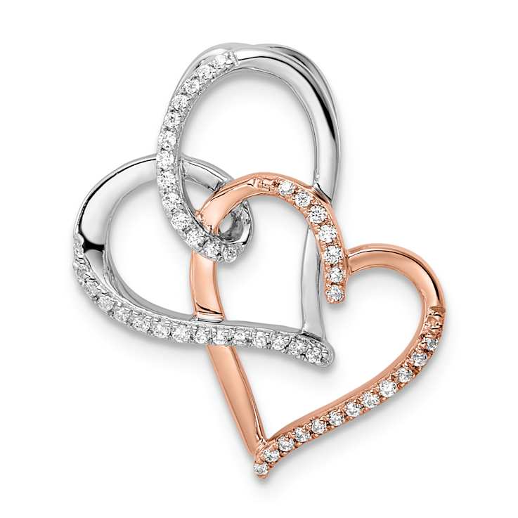 14K Two-tone Gold  Double Heart Diamond Chain Slide Pendant