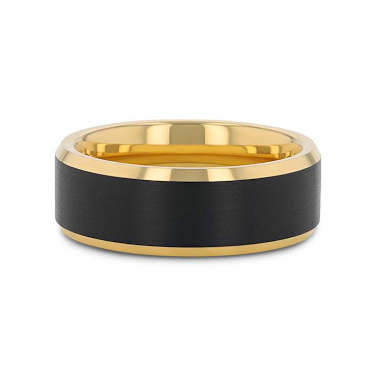 GASTON Gold Plated Tungsten Polished Beveled Ring with Brushed Black
Center 8mm