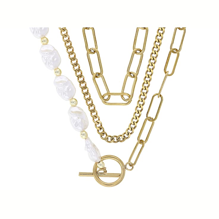 Pearl Simulant Paperclip And Cuban Link Necklace In Gold-Tone 18 Inch