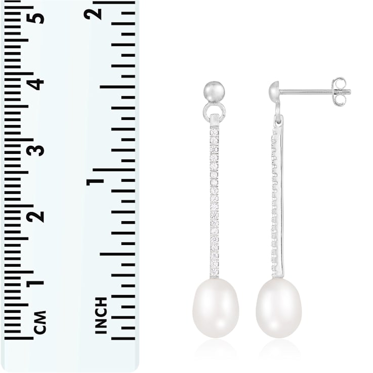 White Cultured Freshwater Pearl and Cubic Zirconia Rhodium Over Sterling
Silver 7-8mm Drop Earrings