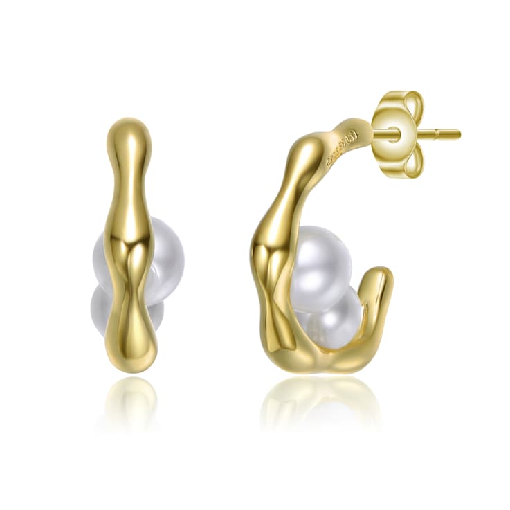 Curved Pearl Simulant Huggie Earrings In 14K Gold Over Brass