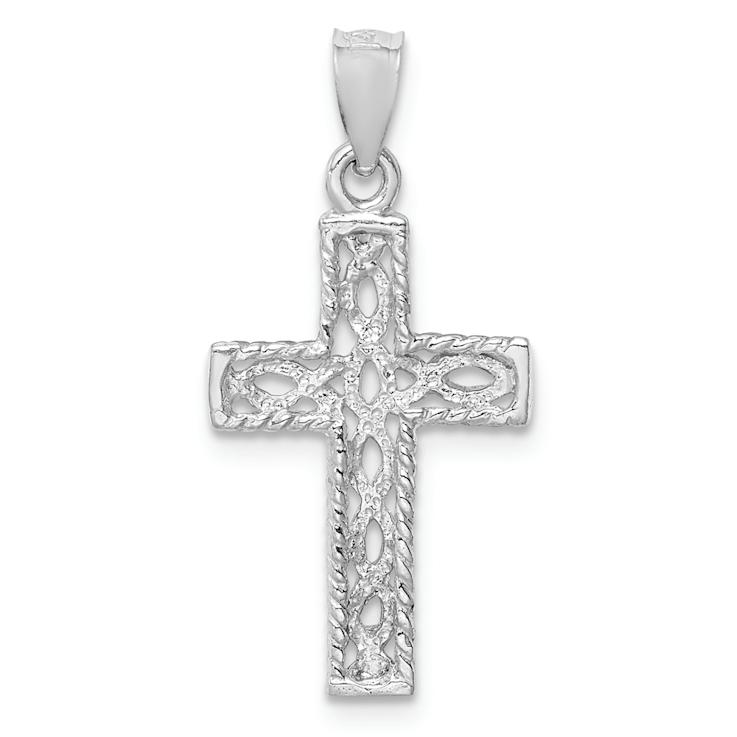 Rhodium Over 14k White Gold Polished and Textured Braided Cross Pendant