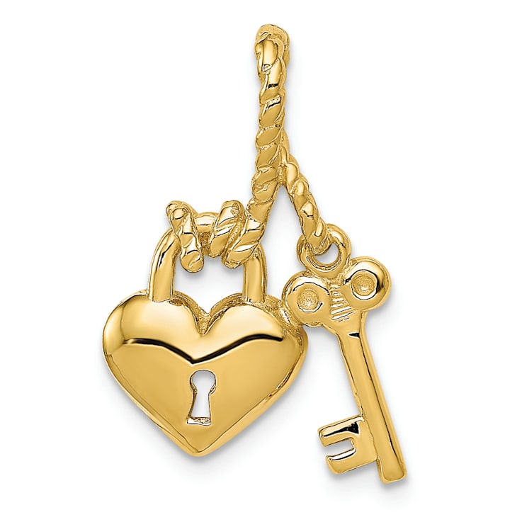 14K Yellow Gold Polished and Textured Key Tied to Heart Lock Charm