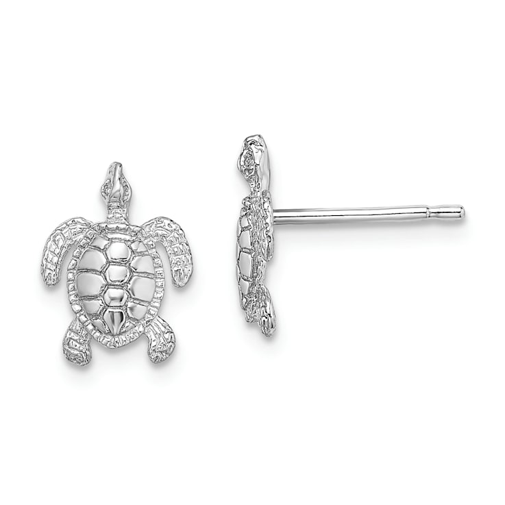Rhodium Over 14k White Gold Polished and Textured Sea Turtle Stud Earrings