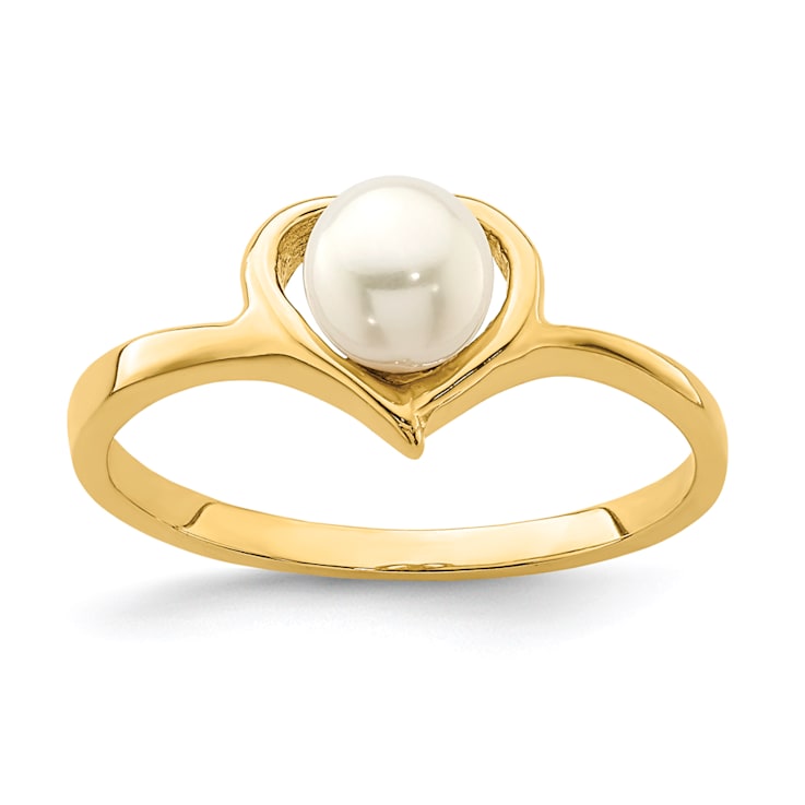 14K Yellow Gold 4-5mm White Button Freshwater Cultured Pearl Heart Ring
