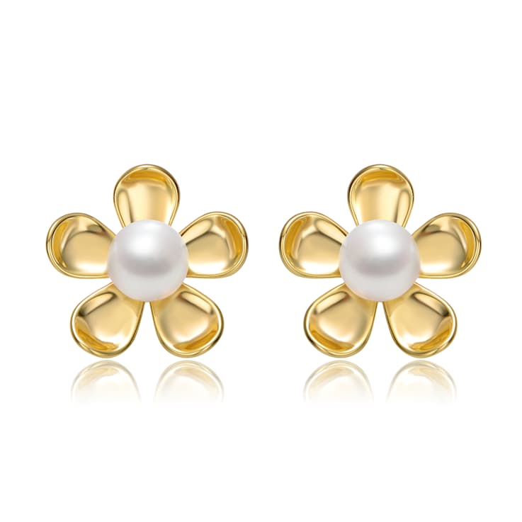 Pear Shape Freshwater Pearl Daisy Stud Earrings In 14K Gold Over
Sterling Silver