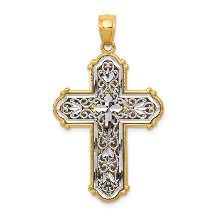 14K Two-tone Gold  Reversible Diamond-Cut Filigree Cross Pendant