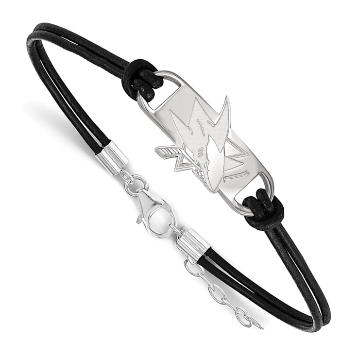 Rhodium Over Sterling Silver NHL LogoArt San Jose Sharks Leather Bracelet