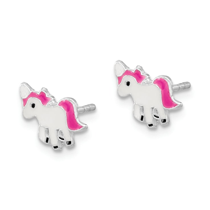 Rhodium Over Sterling Silver Enamel Unicorn Post Earrings