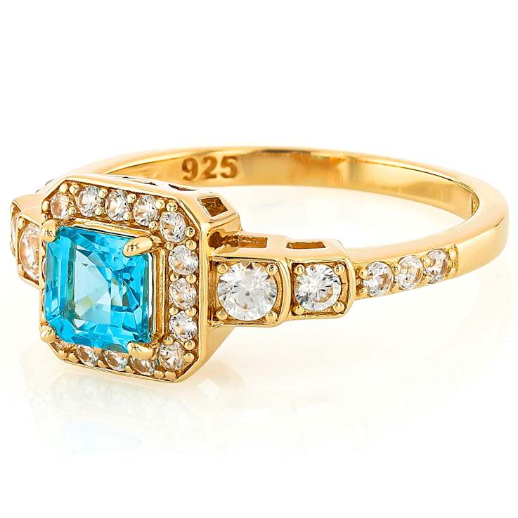 Blue Apatite And White Zircon Ring In 18K Gold Over Sterling Silver 1.50ctw