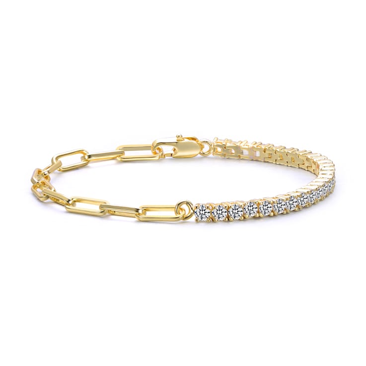 Tennis Bracelet With Paperclip ChaIns In 14K Gold Over Brass
