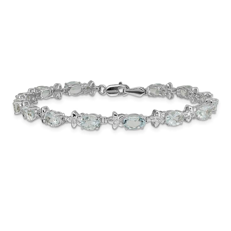 Rhodium Over 14k White Gold Floral Diamond and Aquamarine Bracelet