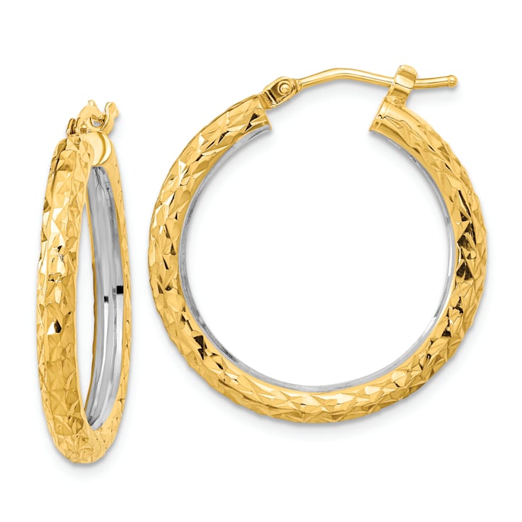 14K Yellow Gold and Rhodium Over 14K Yellow Gold Diamond-Cut 1
1/16" Circle Hoop Earrings
