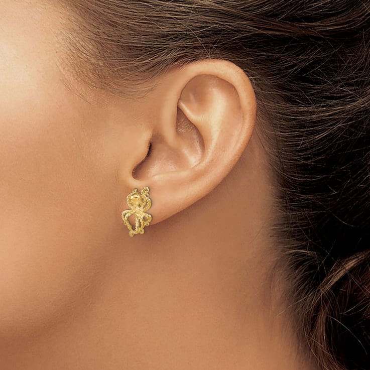 14k Yellow Gold 2D Polished and Textured Octopus Stud Earrings