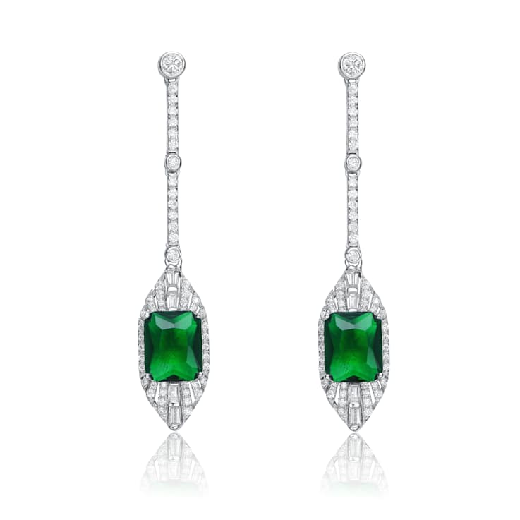 Emerald Color CZ Square Drop Earrings In Sterling Silver