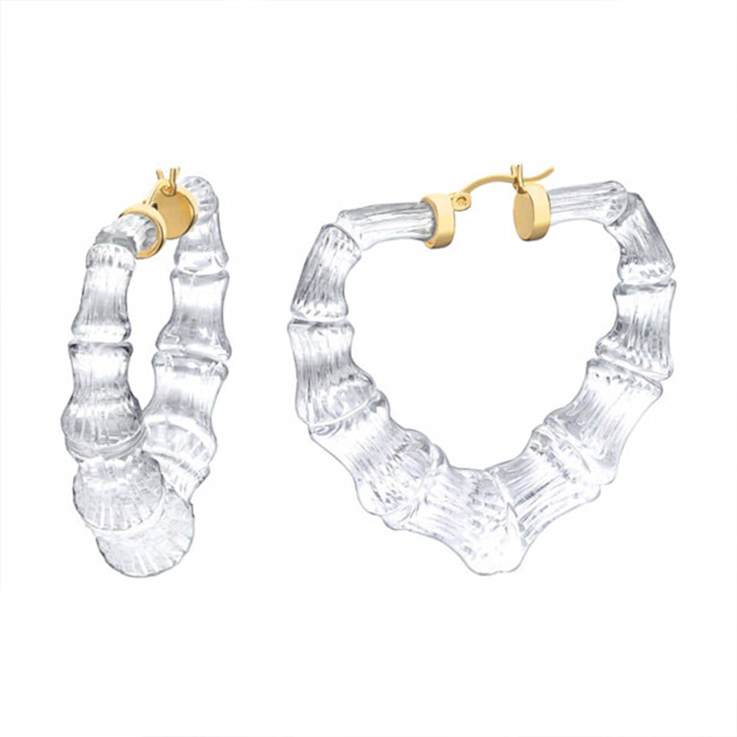 Clear Acrylic Heart Bamboo Hoop Earrings In 14K Gold Over Sterling Silver