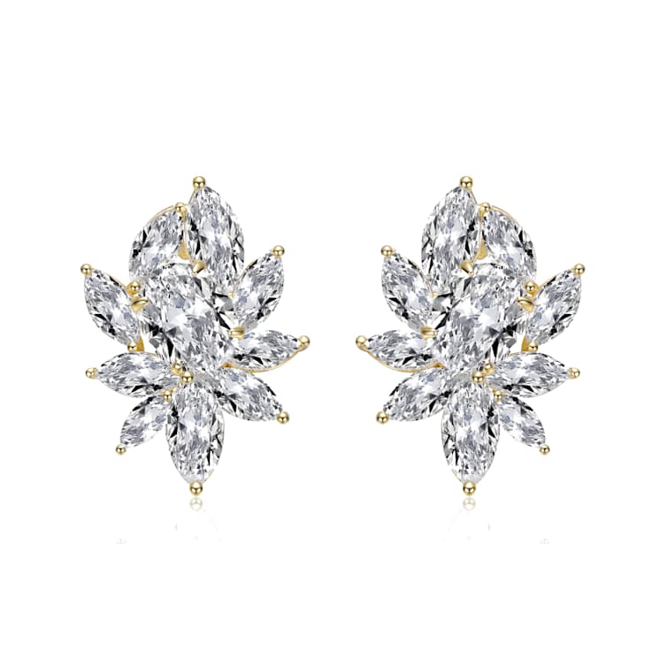 CZ Corsage Flower Cluster Stud Earrings In 14K Gold Over Sterling Silver
