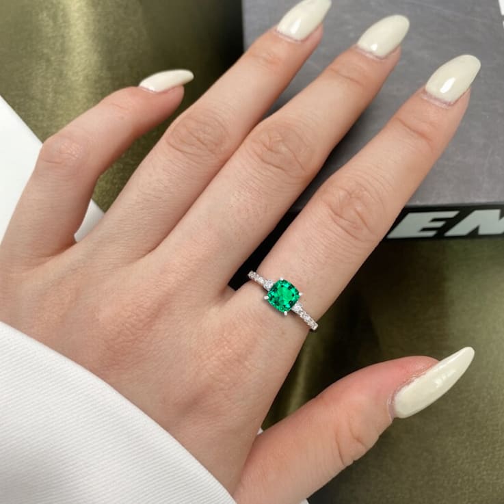 Lab Created Emerald and Moissanite Rhodium Over Sterling Silver 3-Stone Ring