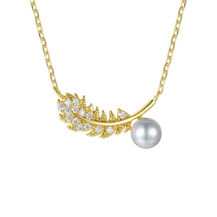 CZ And Pearl Simulant Fern Leaf Pendant Necklace In 14K Gold Over Brass