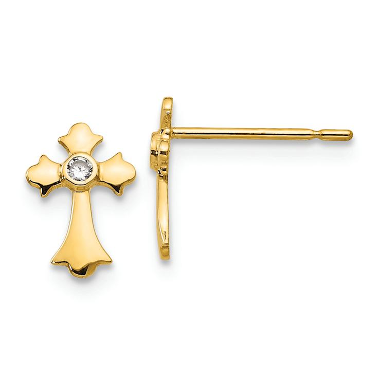 14k Yellow Gold Cubic Zirconia Children's Cross Stud Earrings