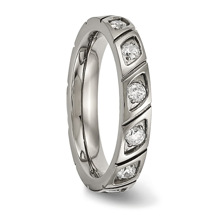 White Cubic Zirconia Titanium 4mm Men's Grooved Band Ring