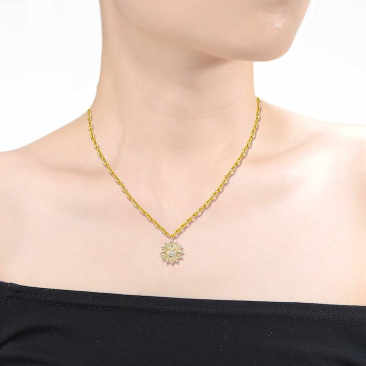 Vintage Shield CZ Pendant Curb Chain Necklace In 14K Gold Over Brass