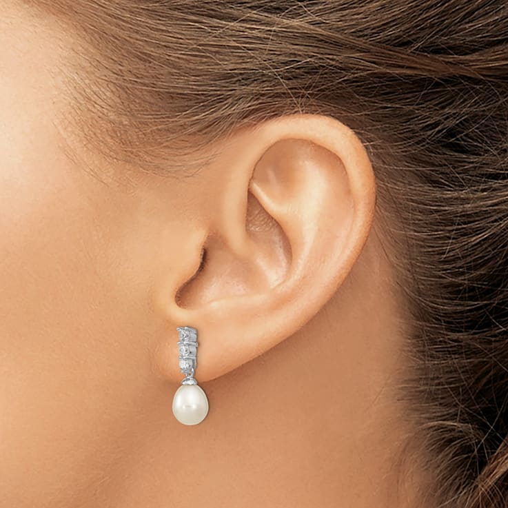 Rhodium Over Sterling Silver 7-8mm White Freshwater Cultured Pearl Cubic
Zirconia Post Earrings