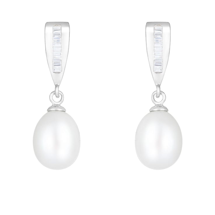 7-8mm White Cultured Freshwater Pearl and Cubic Zirconia Rhodium Over
Sterling Silver Earrings