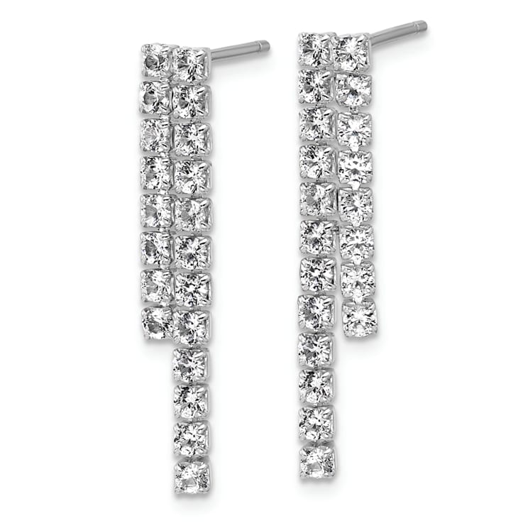 Rhodium Over Sterling Silver Polished 2-Row Cubic Zirconia Post Dangle Earrings