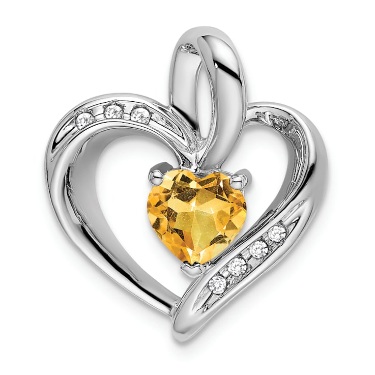 Rhodium Over 14k White Gold Citrine and Diamond Heart Pendant