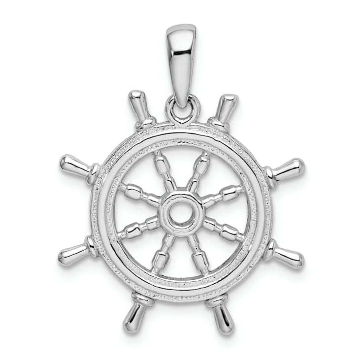 Rhodium Over Sterling Silver Polished Cut-out 3D Ships Wheel Pendant