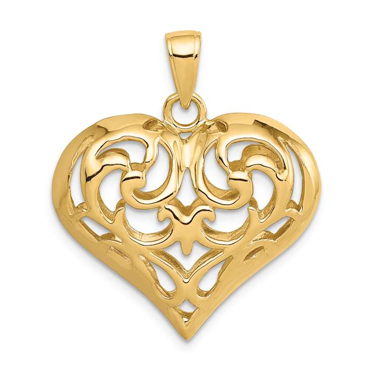 14k Yellow Gold 3D Polished Filigree Puffed Heart Pendant