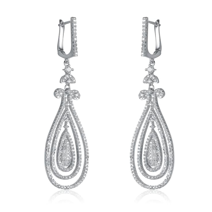 CZ Triple Outline Teardrop Drop Earrings In Sterling Silver