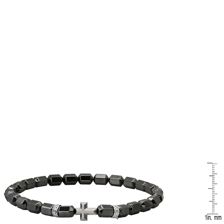 Black Hematite Cross Charm Beaded Stretch Bracelet In Sterling Silver