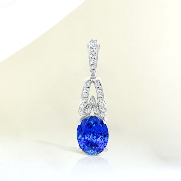 14K White Gold Oval Tanzanite and Diamond Pendant 1.91ctw