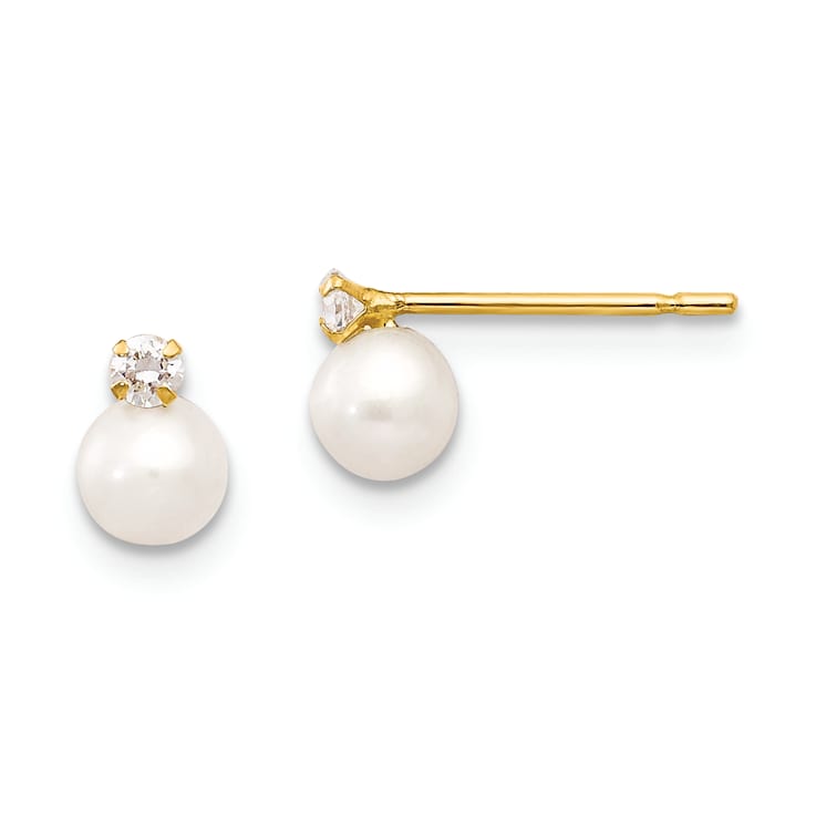 14K Yellow Gold 5-6mm Near Round Freshwater Cultured Pearl Cubic
Zirconia Post Earrings