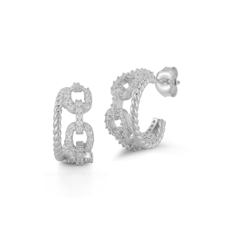 Sterling Statements Rhodium Sterling Silver CZ Link Hoop Earrings