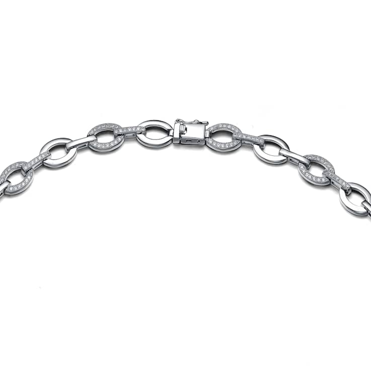 Pave CZ Oval Link Chain Necklace In Sterling Silver 16 Inch