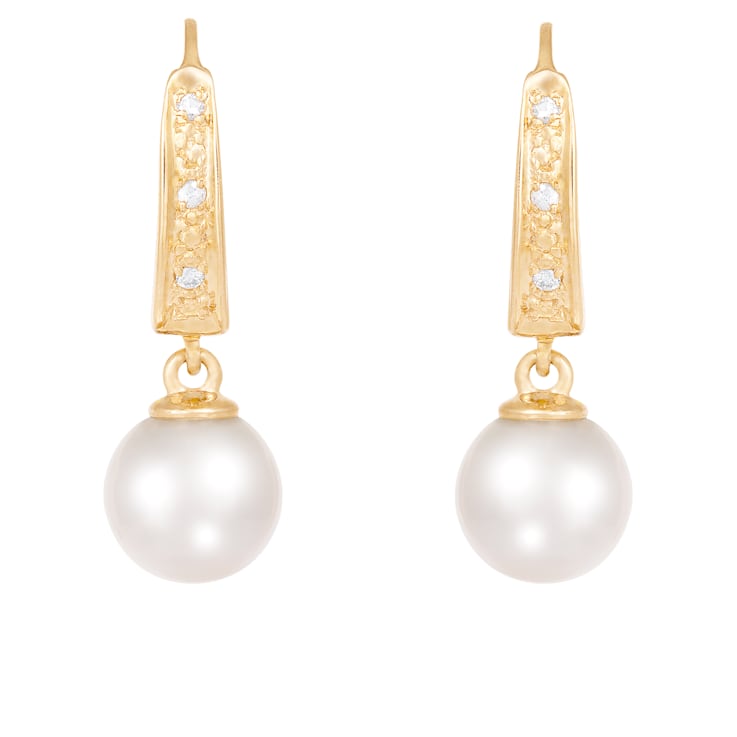 White Cultured Akoya Pearl 14k Yellow Gold Earrings 7-7.5mm