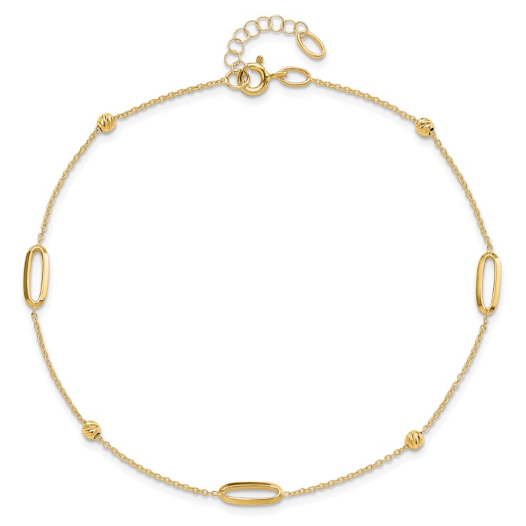 14K Yellow Gold Polished Diamond-cut Beads with 1-inch Extension Anklet